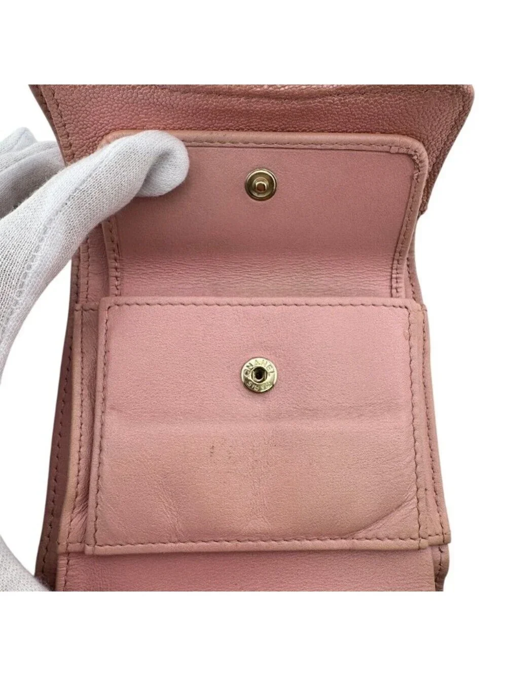 Chanel Quilted Caviar Leather Trifold Wallet Compact Pink Gold